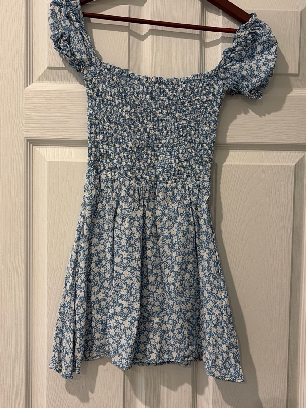 Reformation Blue Floral Smocked Puff-Sleeve Mini Dress